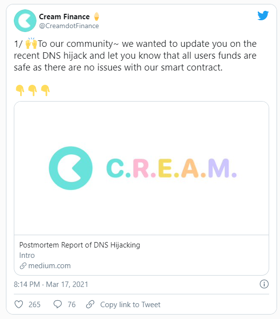 Cream Finance обвиняет GoDaddy 